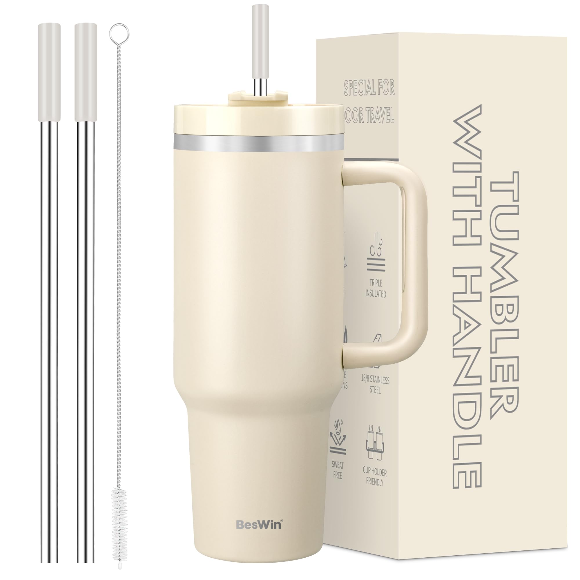 BesWin 40 oz Tumbler with Handle and Straw, Vacuum Insulated Stainless Steel Double Wall Water Bottle Travel Coffee Mug - Holiday Gifts for Women Men - Cream