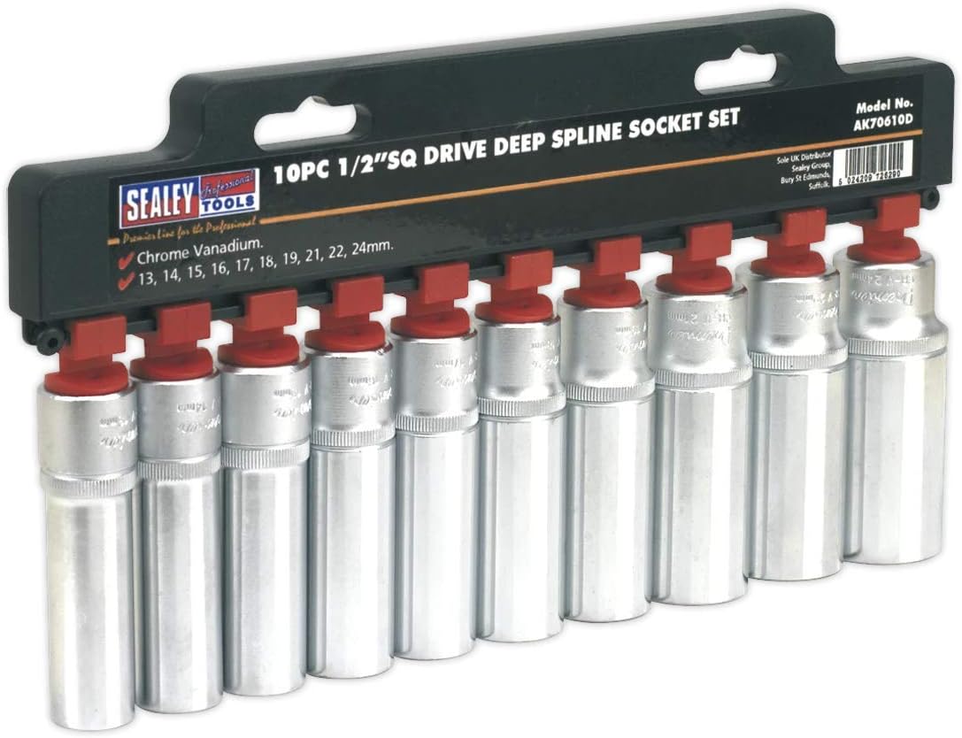 Sealey Ak70610D Socket Set 10Pc Deep 1/2Sq Drive Total Drive, Red, 1/2"