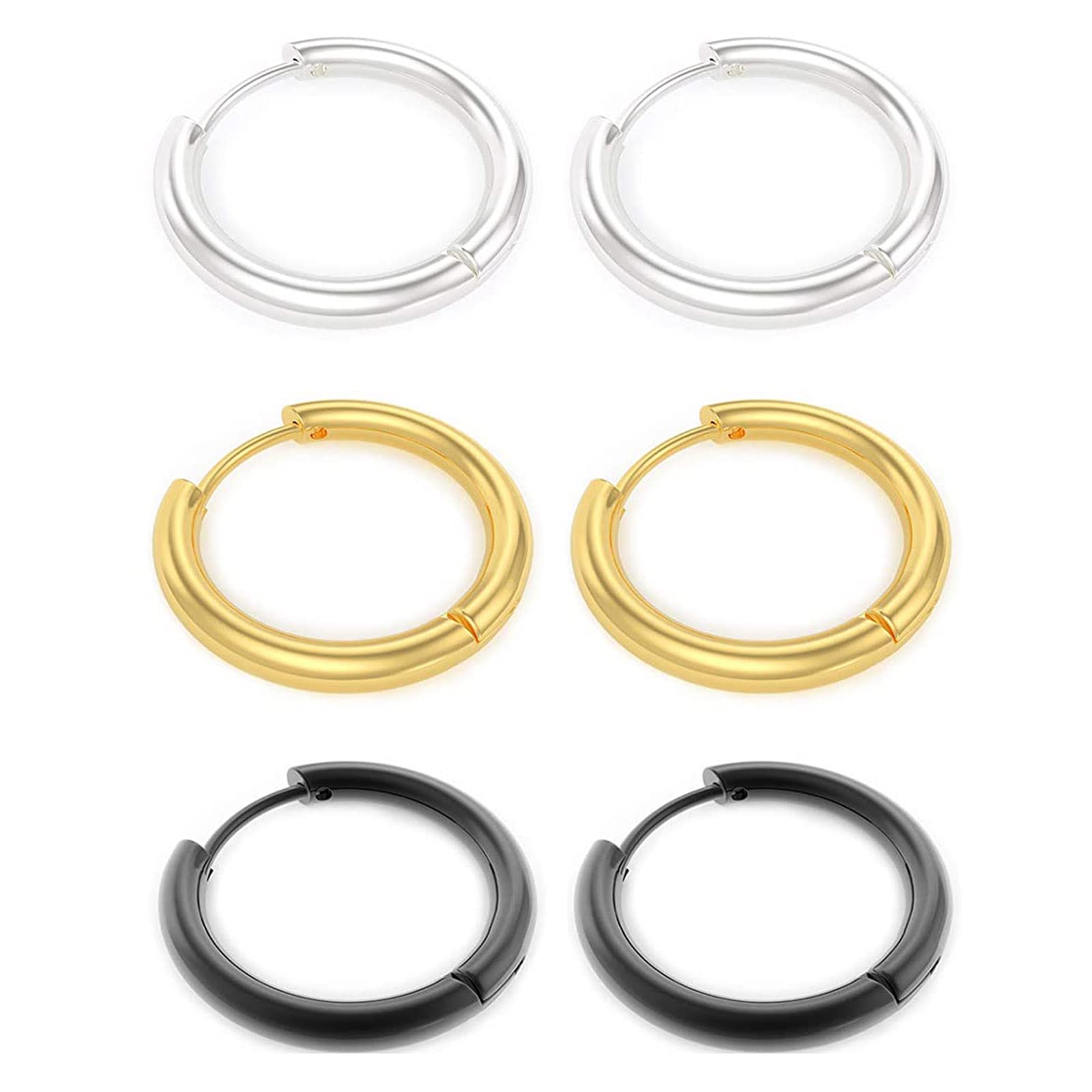 Woffoly 3 Pairs Hugging Hoop Earrings for Women Men, 316L Surgical Stainless Steel Huggie Hoop Earrings, 8/10/12/14mm Silver/Gold/Black Small Hug Helix Lobe Hinged Sleepers Hoop Earrings