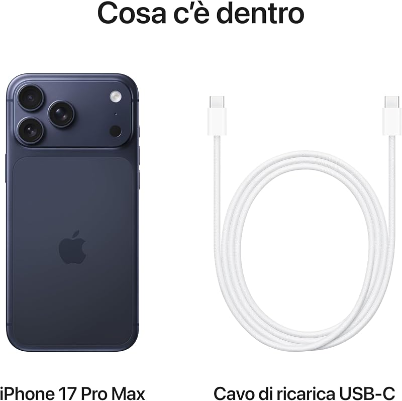 iPhone 17 Pro Max 256 GB: display 6,9", ProMotion fino a 120Hz, chip A19 Pro, autonomia mai vista su iPhone, sistema di fotocamere Pro Fusion, fotocamera frontale Center Stage; Blu profondo