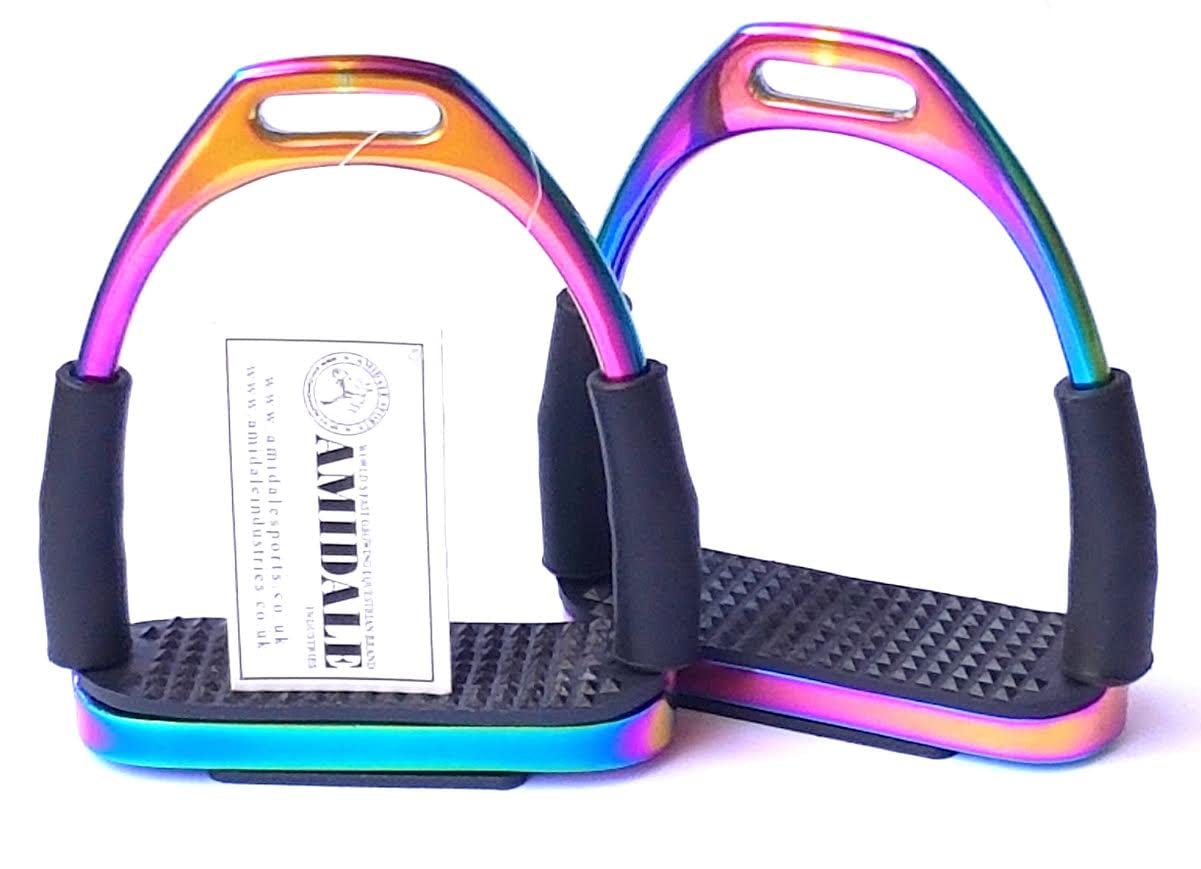 Amidale RAINBOW FLEXI SAFETY STIRRUPS HORSE RIDING BENDY IRONS S. STEEL BNWT 4.00 INCHES AND 4.75 INCHES (5.00 INCHES)
