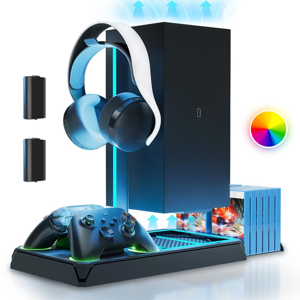 HONCAM Xbox Stand with Cooling Fan for Series X/S,Xbox Accessories Upgraded Vertical RGB Stand with Dual Controller Fast Charger Station,Headphone Holder, 2X1400 mAh Rechargeable Battery Packs