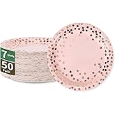 CENLBJ Pink & Rose Gold Dots Party Paper Plates, 50 PCS Disposable Party Supplies Dessert Paper Plates for Birthday Wedding Bridal Shower Supplies (7 inches)