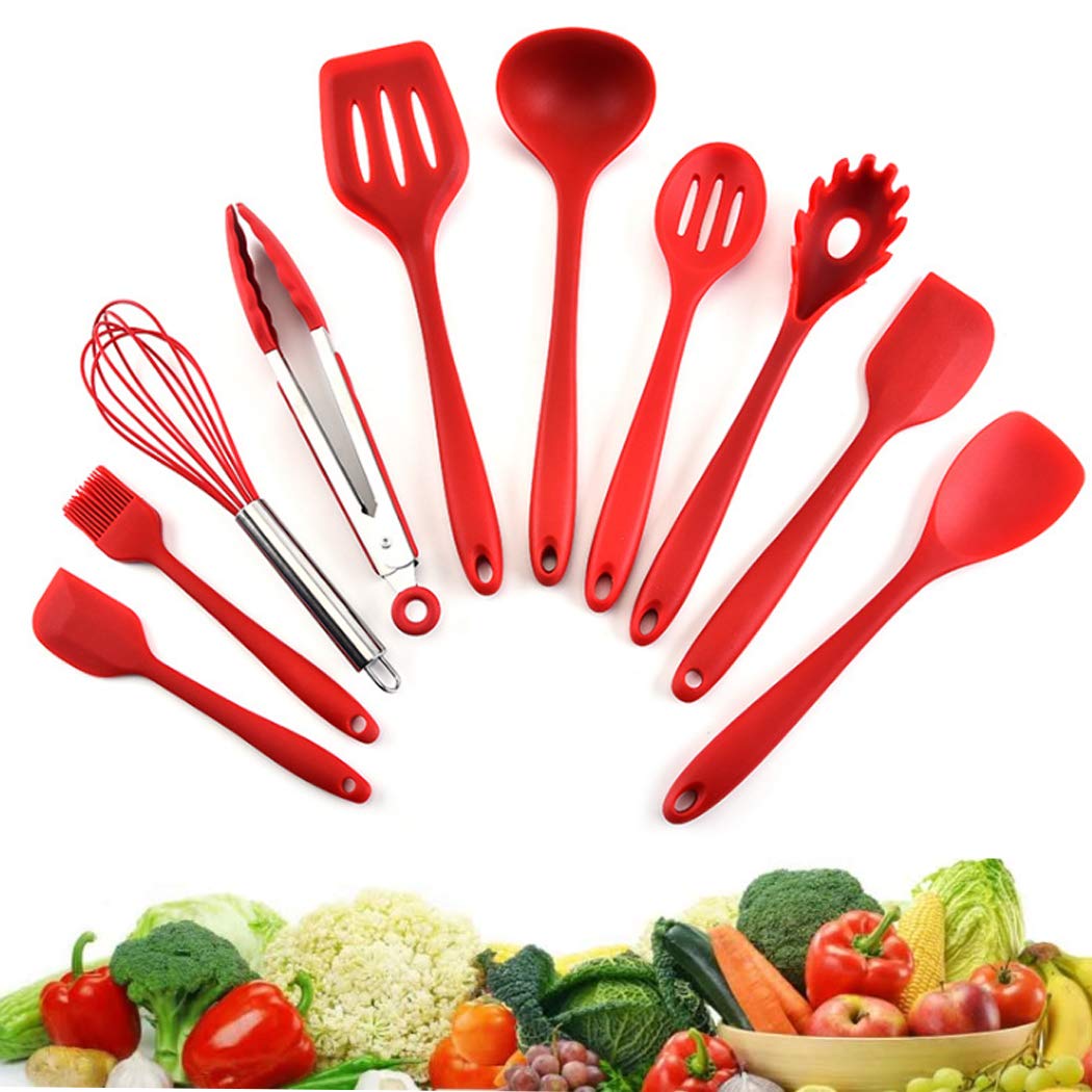 Hoshen 5-Color Style 10-Piece Kitchen Utensils Non-Stick Pan Silicone Kitchenware Heat-Resistant Spatula Set Cooking Spatula - Red