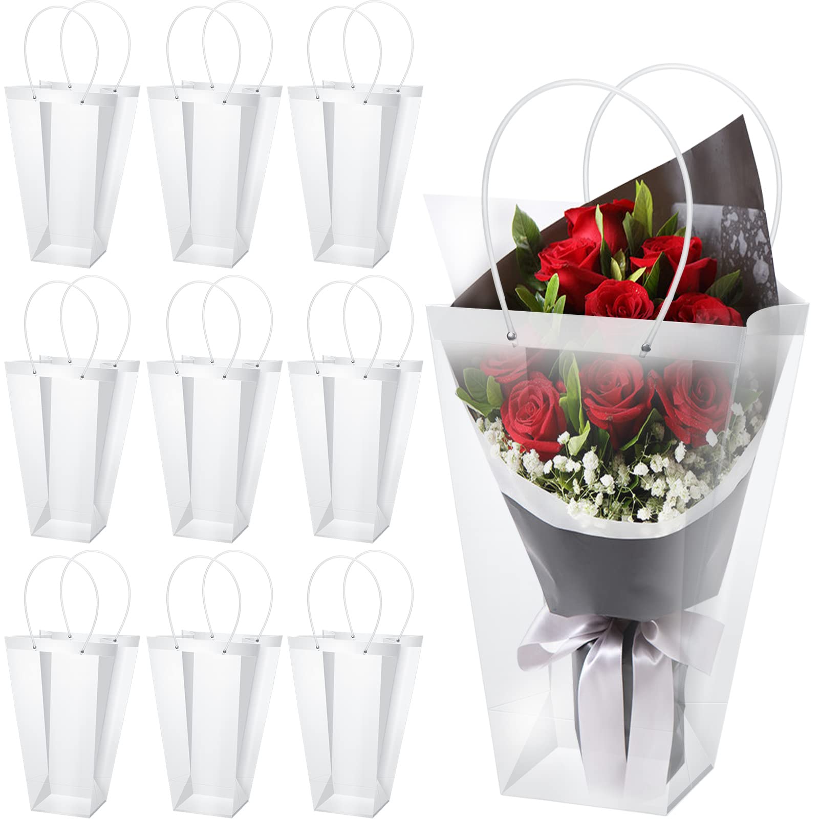 Photo 1 of 10 Pcs Valentine's Day Flowers Boxes Clear Bouquet Bag with Handle Transparent Present Florist Arrangements Supplies Wrap Party Favor for Valentine Mother's Day, 11.4 x 5.9 x 16.7 Inch
