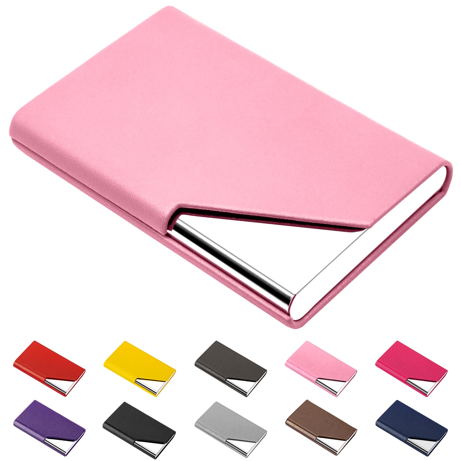 Padike Business Name Card Holder Luxury PU Leather & Stainless Steel Multi Card Case,Business Name Card Holder Wallet Credit Card ID Case/Holder for Men & Women (Pink)
