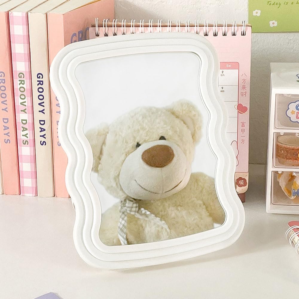 Hosoncovy Desktop Mirror with Stand Ripple Frame Countertop Makeup Mirror Vanity Mirror Cosmetic Mirror Decorative Mirror for Bedroom Bathroom (White)