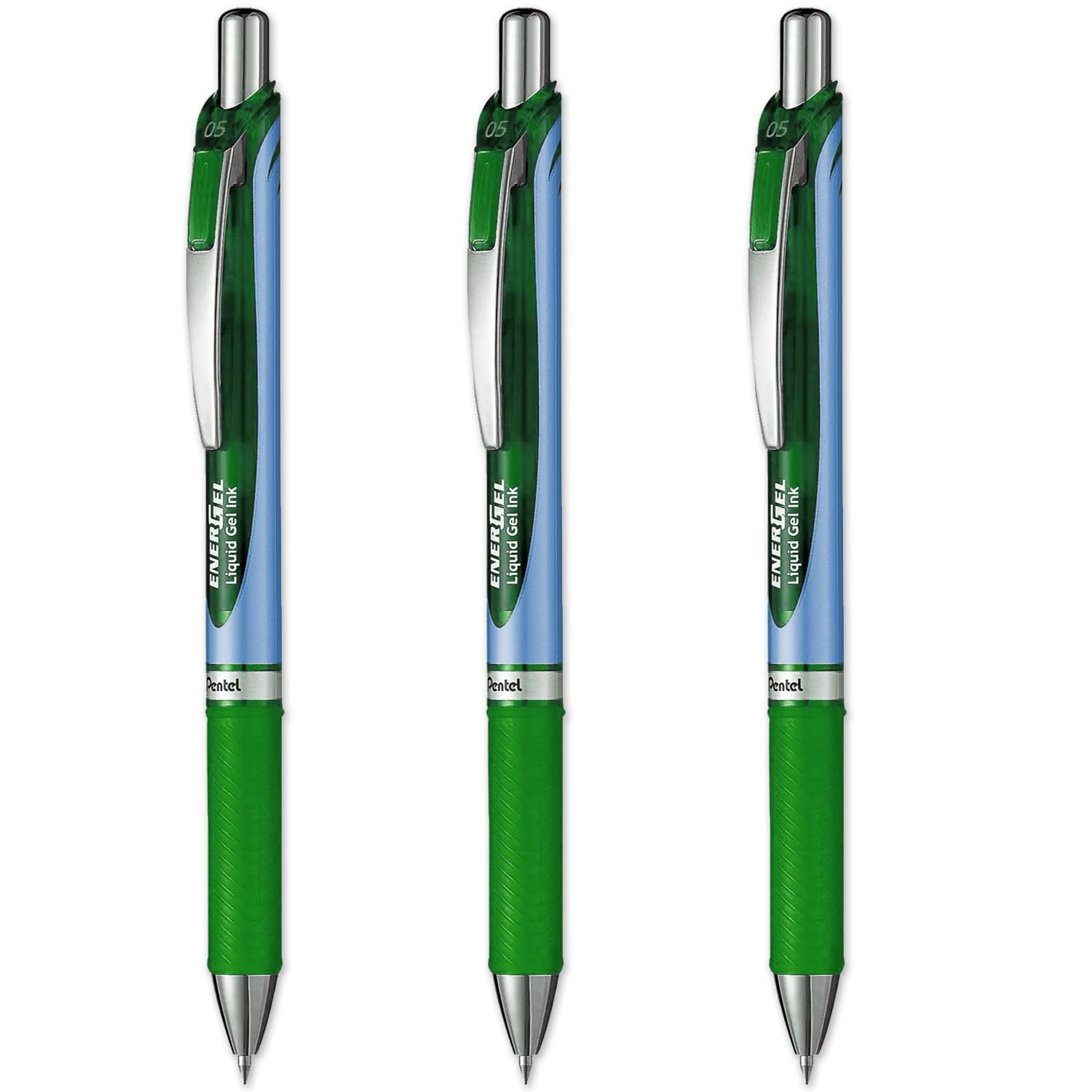 Pentel Energel BLN75 Retractable Gel Ink Rollerball Pen - 0.5mm - Green - Pack of 3