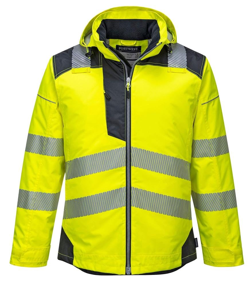 Portwest T400 Men's PW3 Lightweight Hi Vis Hooded Work Jacket Reflective Full Zip Safety Utility Quilt Lined Waterproof Workwear Yellow/Black, X-Small