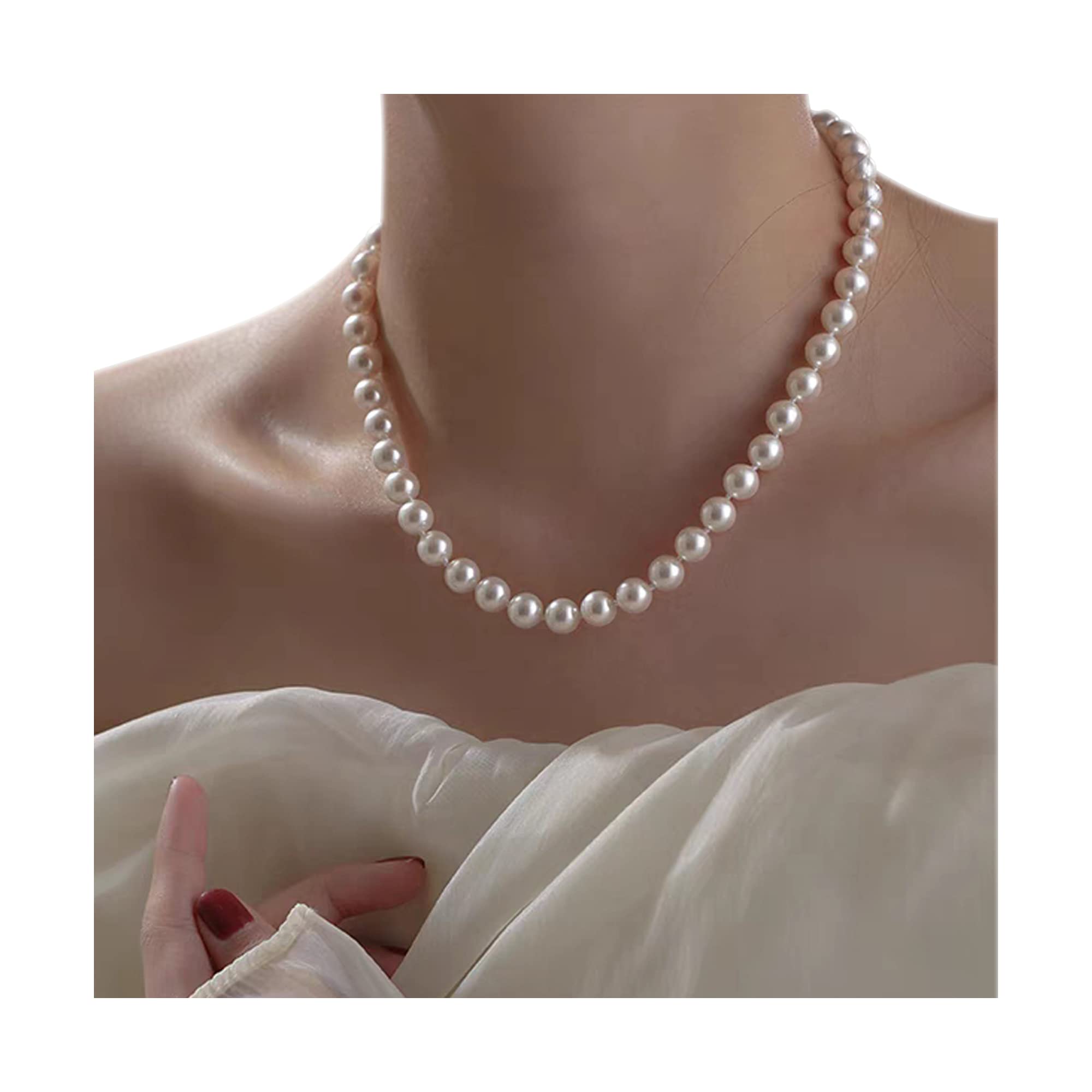 Sereney Pearl Necklaces for Women, 8mm Dainty Pearl Necklace as Bridal Necklace for Wedding, Sterling Silver Freshwater Pearl Choker Necklace as Birthday Jewelry Starfish Necklace Bridal Gifts for Her
