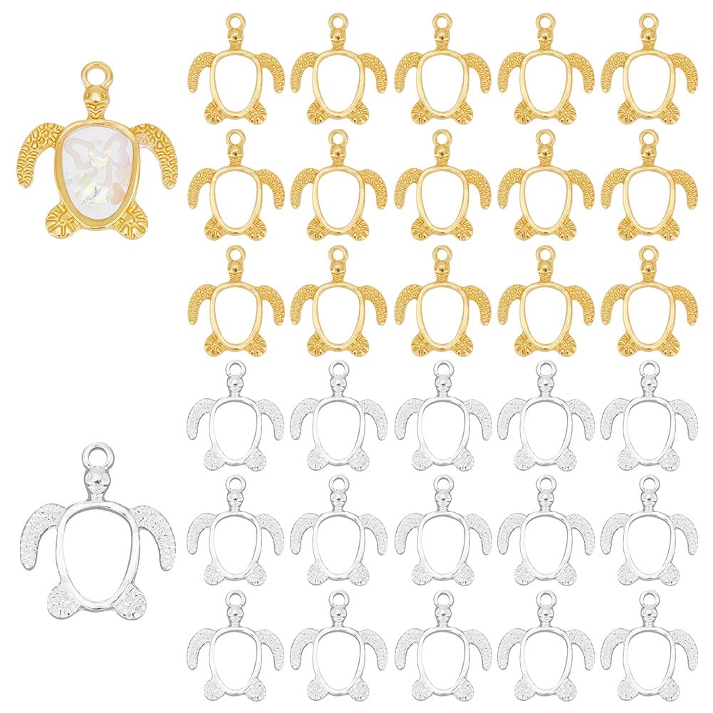 PH PandaHall 60PCS Turtle Tortoise Open Back Bezel Pendants, Metal Turtle Hollow Frame Charms Pendants for DIY UV Resin, Epoxy Resin, Pressed Flower Jewellery, Golden Silver