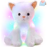 Houwsbaby Light up Cat Stuffed Animal LED Glowing Kitty Plush Toy Floppy Kitten Toy Night Lights Birthday Presents for Kids Toddler Girls, White, 12''