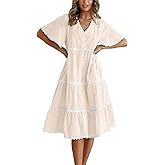 chouyatou Women Summer Boho RIC Rac Tiered Striped Midi Dress Button Down Flutter Sleeve Swing Shirt Dress