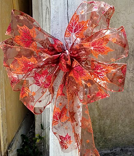 Amazon Com Sheer Red And Gold Fall Maple Leaves Wreath Bow Autumn