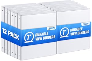 SUIN Basic 3 Ring Binder -1 or 1/2'' Binders with Roung Ring Binder, Large 100/200 Sheet Capacity, Fit 8.5" x 11" US Letter Size Paper, 12 Pack White (1'' White - 12 Packs)