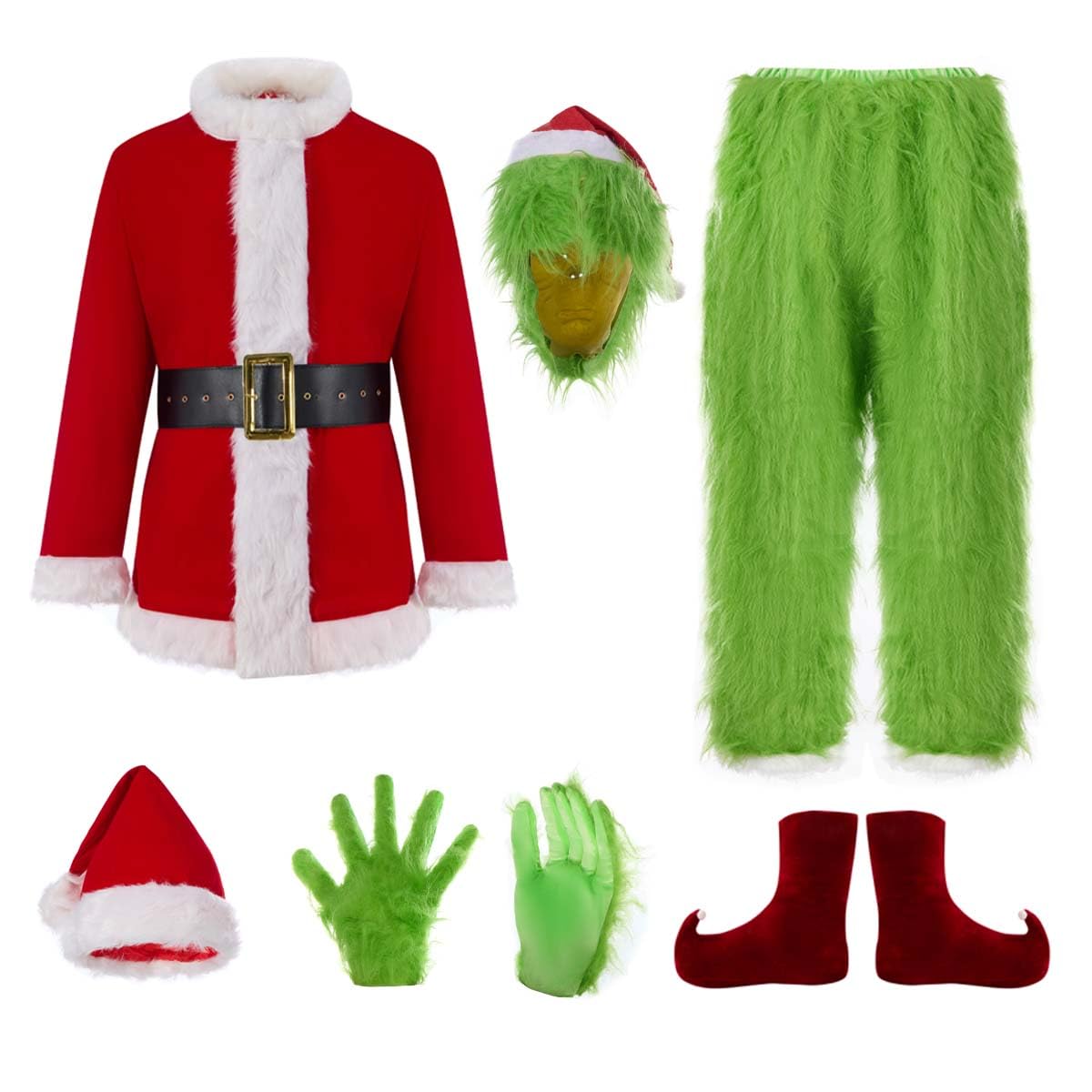 Photo 1 of Lukvuzo 7PCS Christmas Green Monster Costumes Adult Furry Christmas Cosplay Costume Santa Outfit Sets, M