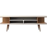 Manhattan Comfort Utopia Collection Mid Century Modern TV Stand With Open 3 Open Shelves and Two Open Cubbies, Off White/Wood