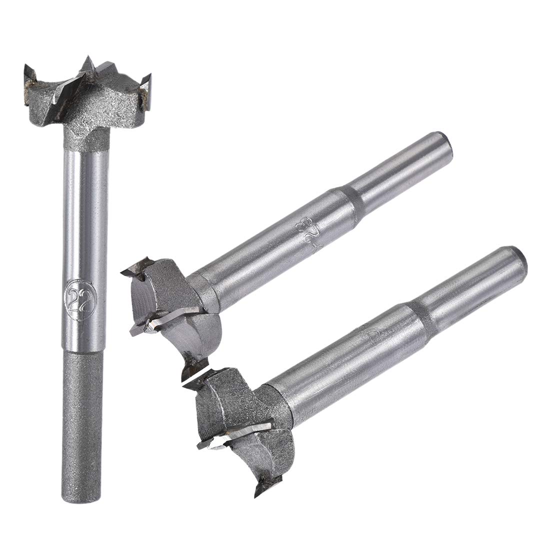 sourcing map Forstner Wood Boring Drill Bits 22mm 23mm 24mm Dia. Hole Saw Carbide Alloy Steel Tip Round Shank Cutting for Hinge Plywood Wood Tool 3in1 Set