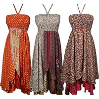 Mogul Interior Womens Halter Dress Recycled Silk Sari Vintage Two Layer Love The Swing Sundress Wholesale Lot Of 3 Pcs