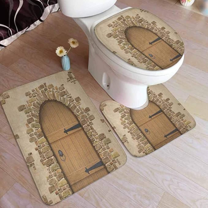 Rustic Bath Rugs Set, Wine Cellar Entrance Stone Arch Ancient Architecture European Building, 3
