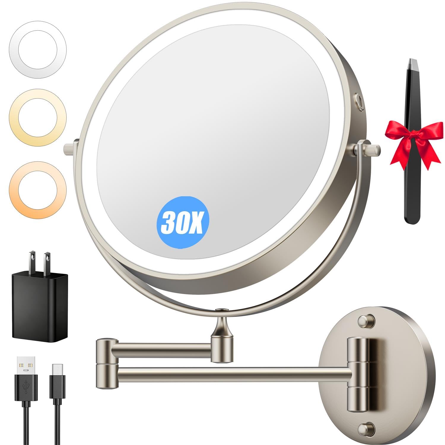 9'' 30X/1X Wall Mounted Lighted Makeup Mirror, 5000mAh Rechargeable Double-Sided Magnifying Mirror with Light, Vanity Mirror Touch Dimmable 3 Colors 360° Rotation Extended Foldable Arm, Power Adapter Image