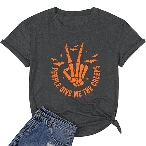 Halloween Graphic Tees for Women People Give Me The Creeps Tshirt Rock Hand Skeleton T-Shirt Horror Print Short Sleeves Casual Tops-M (Grey)