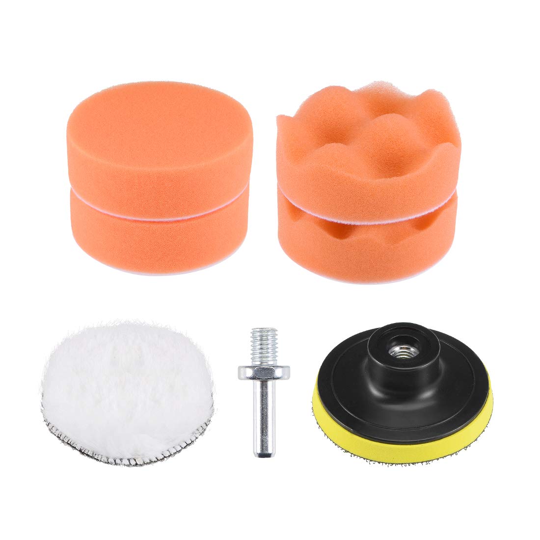 sourcing map 3" Foam Drill Polishing Pad Kit, 2pcs Flat 2pcs Waved Sponge Pads Orange 1pcs Wool Pad 1pcs Hook and Loop Backing Pad with M10 Drill Adapter