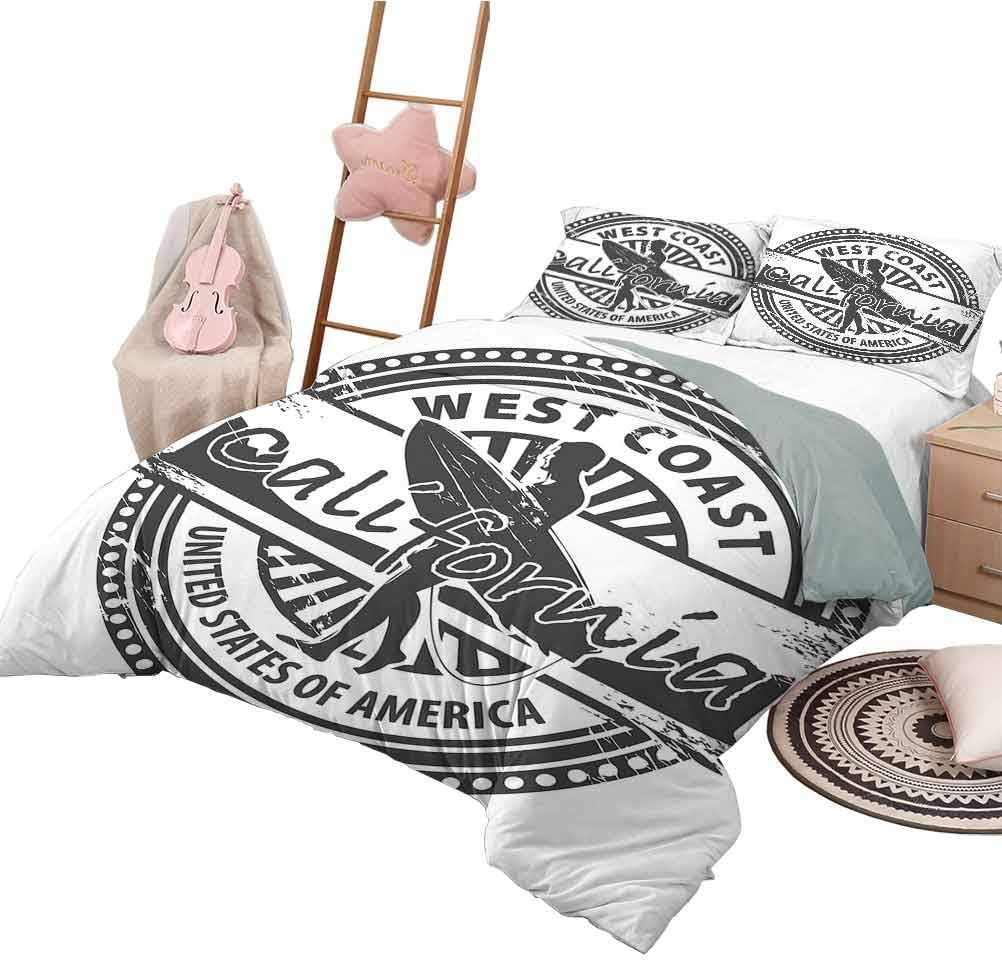 Ride The Wave Bedding Sets Twin, Lightweight Microfiber Cover Set West Coast California United States of America Grunge Vintage Stamp Print Hotel Bedding Grey White