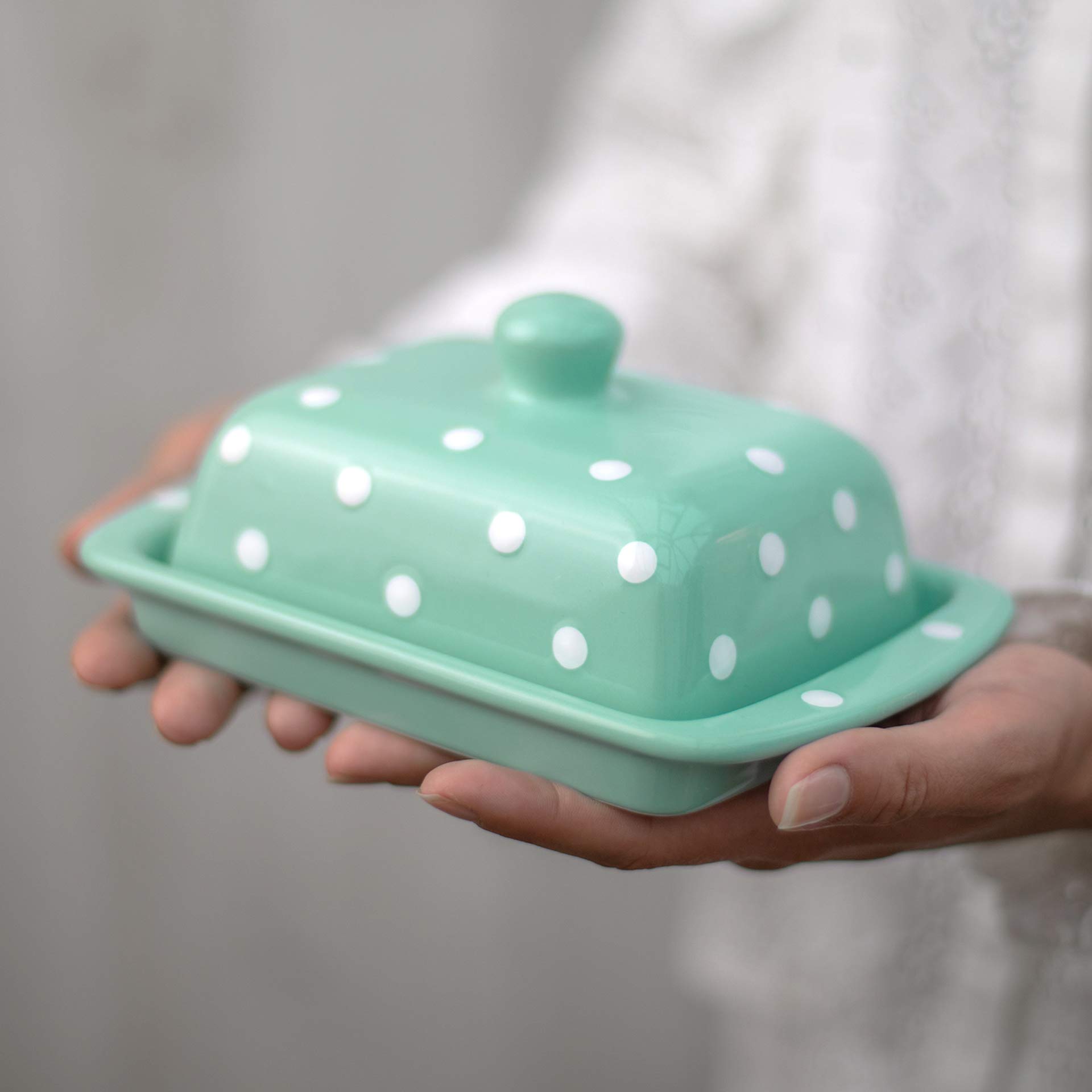 Photo 1 of **MINOR DAMAGE**
City to Cottage Large Butter Dish with Lid for Countertop, Ceramic Butter Keeper, Butter Container with Knob Handle, Butter Holder Tray with Cover, Handcrafted Turquoise Blue Polka Dot Butter Dish