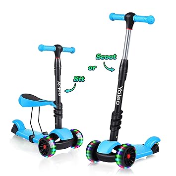 YOLEO 3-in-1 Kinder Roller Scooter mit Abnehmbarem Sitz, LED große Räder, Höheverstellbare Lenker für Kleinkinder Jungen Mädc