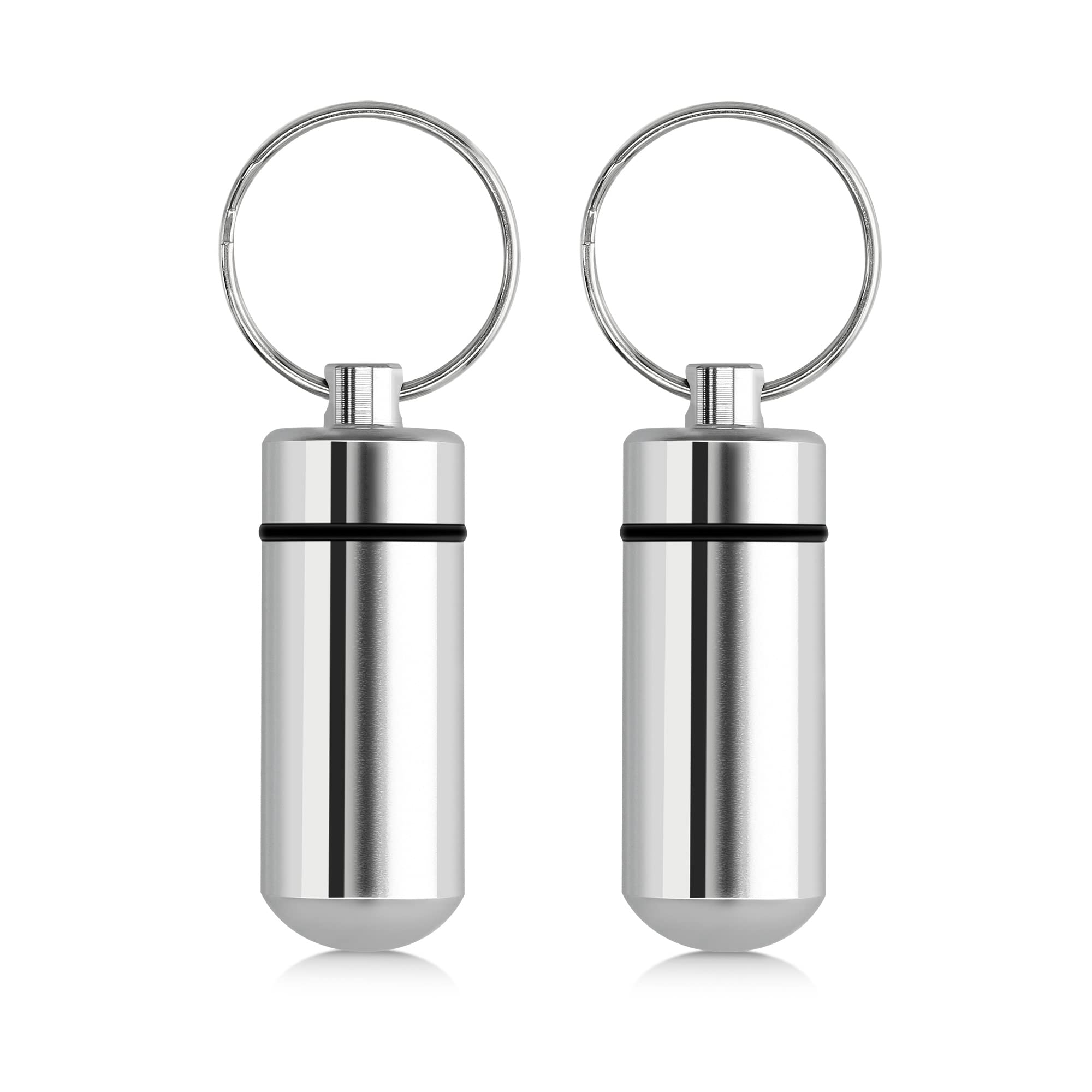 kwmobile Key Ring Pill Cases (Pack of 2) - Metal Keychain Mini Pill Case Holders Keyring Chain Portable Pills Container - Silver