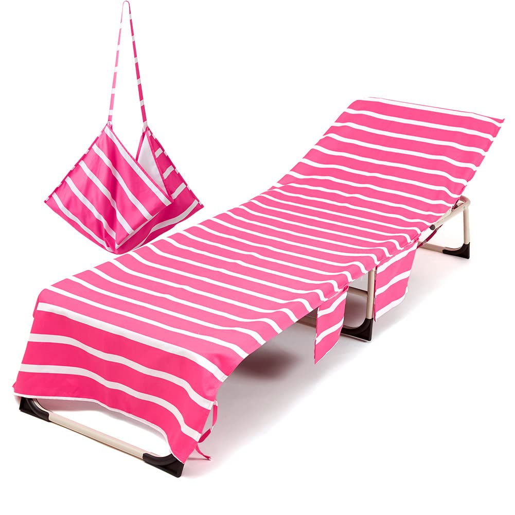 Morbuy Beach Chair Cover, Solid color Striped Beach Lounger Bags with Pockets Sunbed Towels Fitted Microfiber Sun Lounger Towels for Summer Outdoor Pool Vacation Travel (pink)