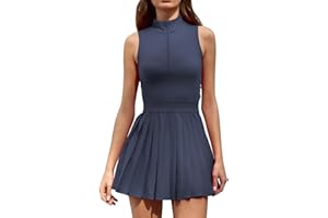 QINSEN Womens Zip Front Tennis Dress High Neck Pleated Sleeveless Two Pieces Golf Athletic Dress with Pockets
