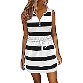 ETCYY Womens Summer Casual Dresses Sleeveless Beach Vacation Sundresses Drawstring Waist Short Striped Dress with Pockets