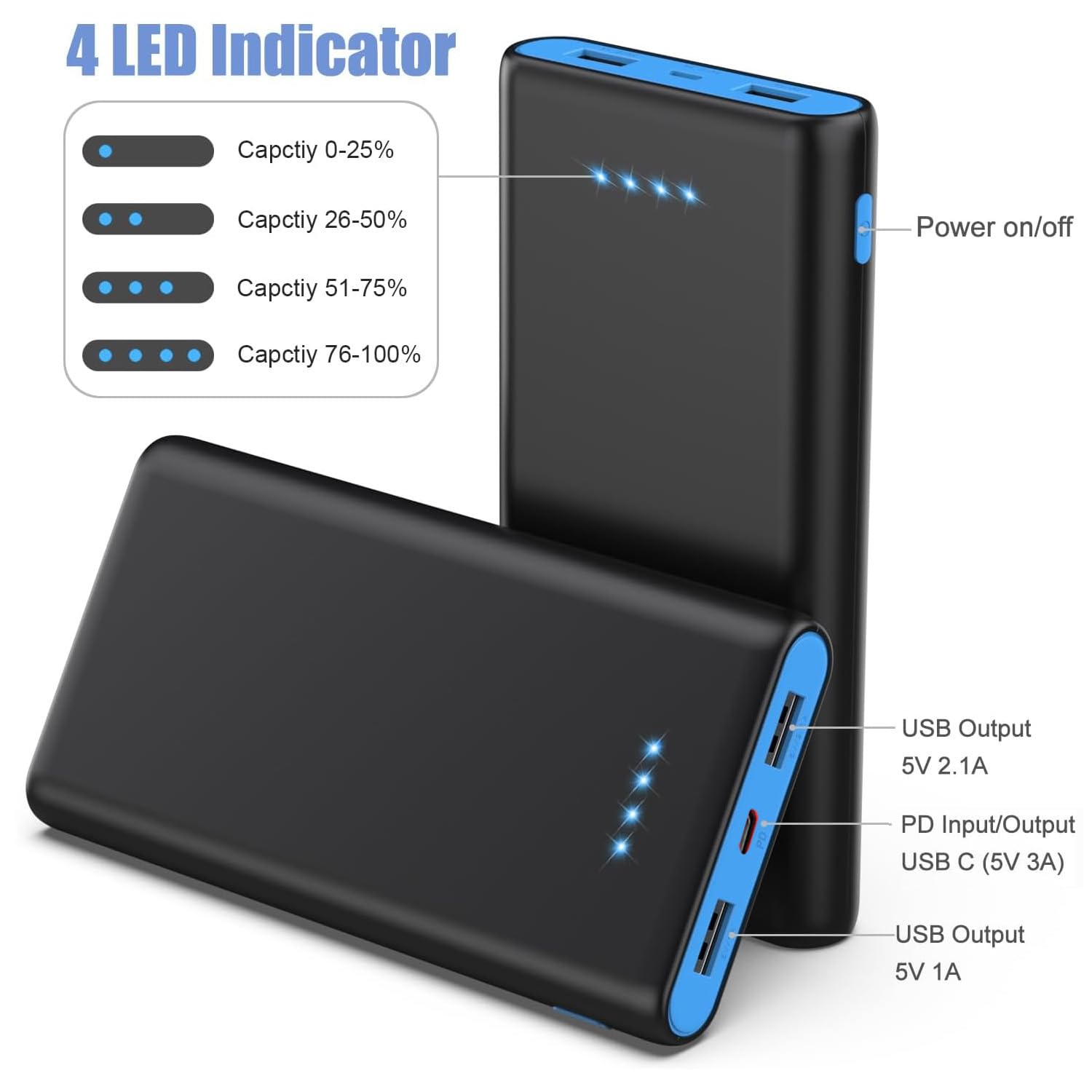 Portable Charger Power Bank 25,800mAh,5V/3A USB C in&Out Fast Phone Charging with Intelligent Smart IC,3 USB Port External Cell Phone Battery Pack Compatible with iPhone 16 15 14,Galaxy,Android-Blue