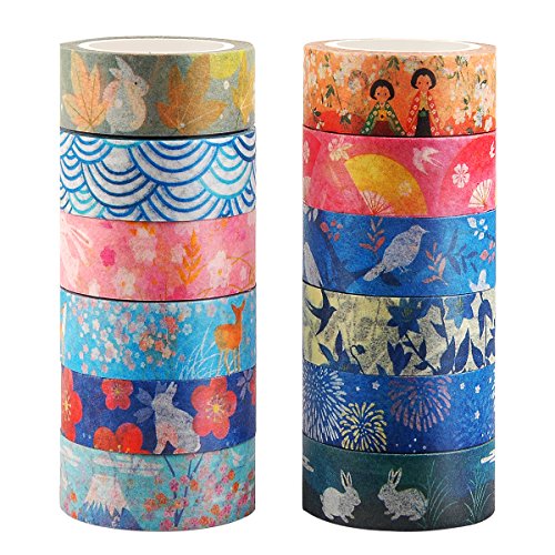 Kyoto Series Masking Washi Tape Collection for Arts and DIY Crafts, Scrapbooking, Bullet Journal, Planner, Gift Wrapping (Set of 12 Rolls)