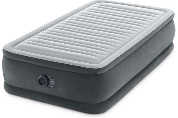 INTEX 64411ED Dura-Beam Deluxe Comfort-Plush Elevated Air Mattress: Fiber-Tech – Twin Size – Built-in Electric Pump – 18in Bed Height – 300lb Weight Capacity