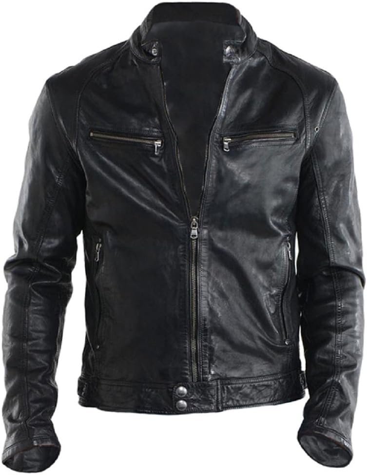 The Leather FactoryMen's Genuine Lambskin Leather Biker Jacket Adjustable Hem