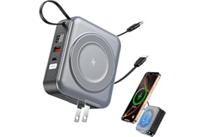 Magnetic Power Bank with AC Wall Plug, 6-in-1 Wireless Portable Charger 10000mAh Built-in Cables, 22.5W Type-C in&Out Fast Ch