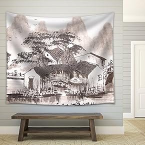 Chinese Drawing Water Town - Fabric Wall Tapestry Home Decor - 51x60 inches