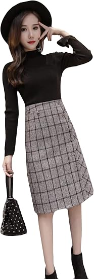 Ellteミモレ丈スカート Aライン レディース スリット 秋 冬 ひざ丈 チェックスカート きれいめ 美スタイル カジュアル 女性 スカート 可愛い 韓国風 スカート 通販 Amazon
