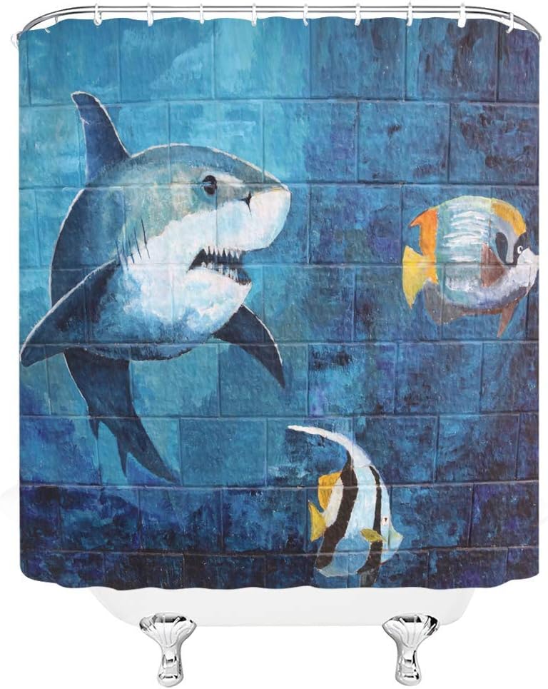 ANYYT Shark Shower Curtain Shark and Tropical Fish On Navy Blue Wall Vintage Decoration Marine Life Shark Shower Curtain Set Dark Blue Beast Shower Curtain 70X70inch with Hook