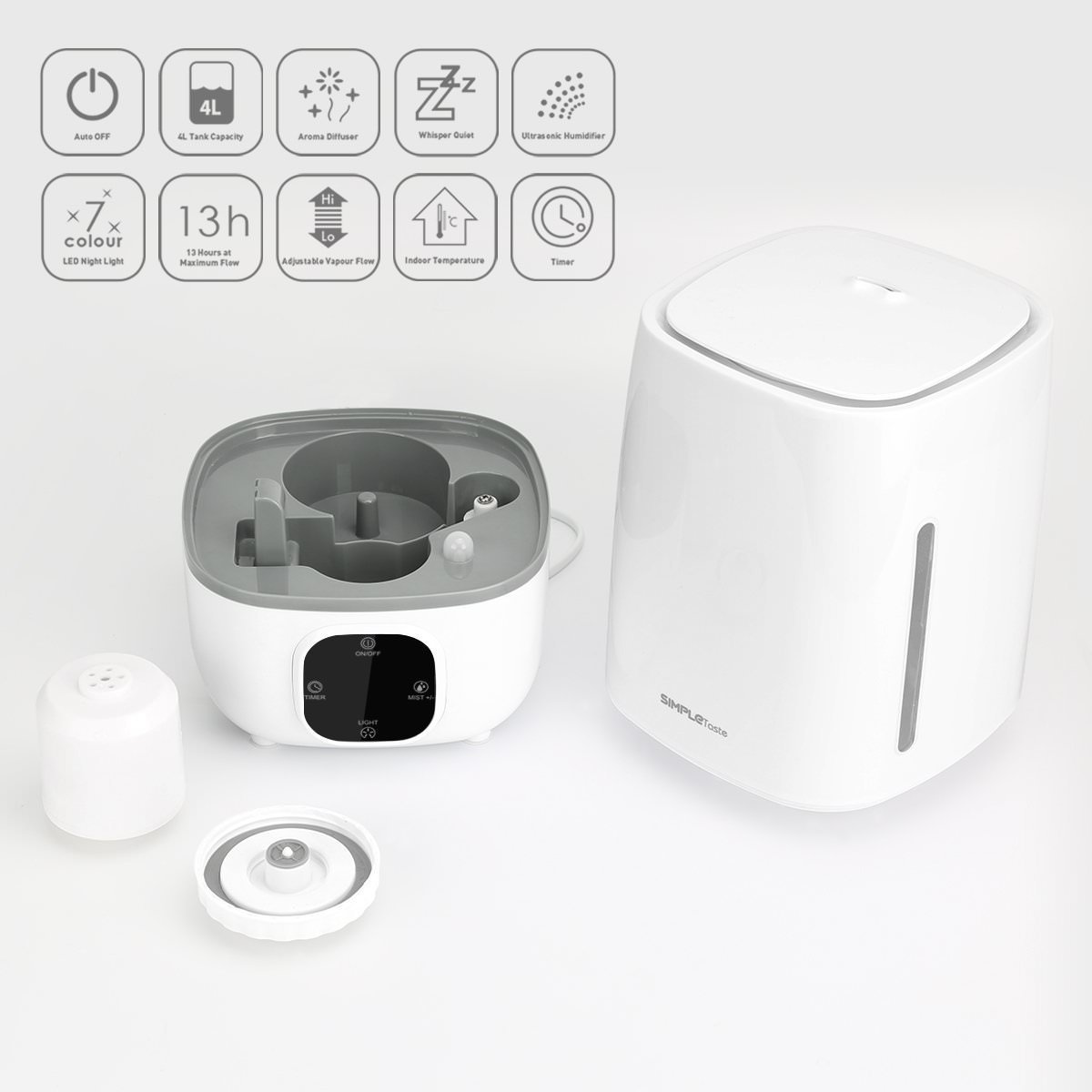 SimpleTaste 4L Ultrasonic Cool Humidifier Aroma Essential Oil Diffuser with LCD Display, 3 Mist Level Control, Timer Setting, and 7 Colors LED Light Whisper-Quiet