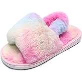 LightFun Girl's Fuzzy Fluffy Furry Slippers Cross Band Shoes Slides for Girls Fur Flip Flop Open Toe Slippers