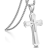Jiahanzb Men's Cross Necklace 361L Stainless Steel Large Double Layer Cross Pendant Jesus Christ Necklace Jewelry for Men with Rolo Chain 22/24/26 Inch