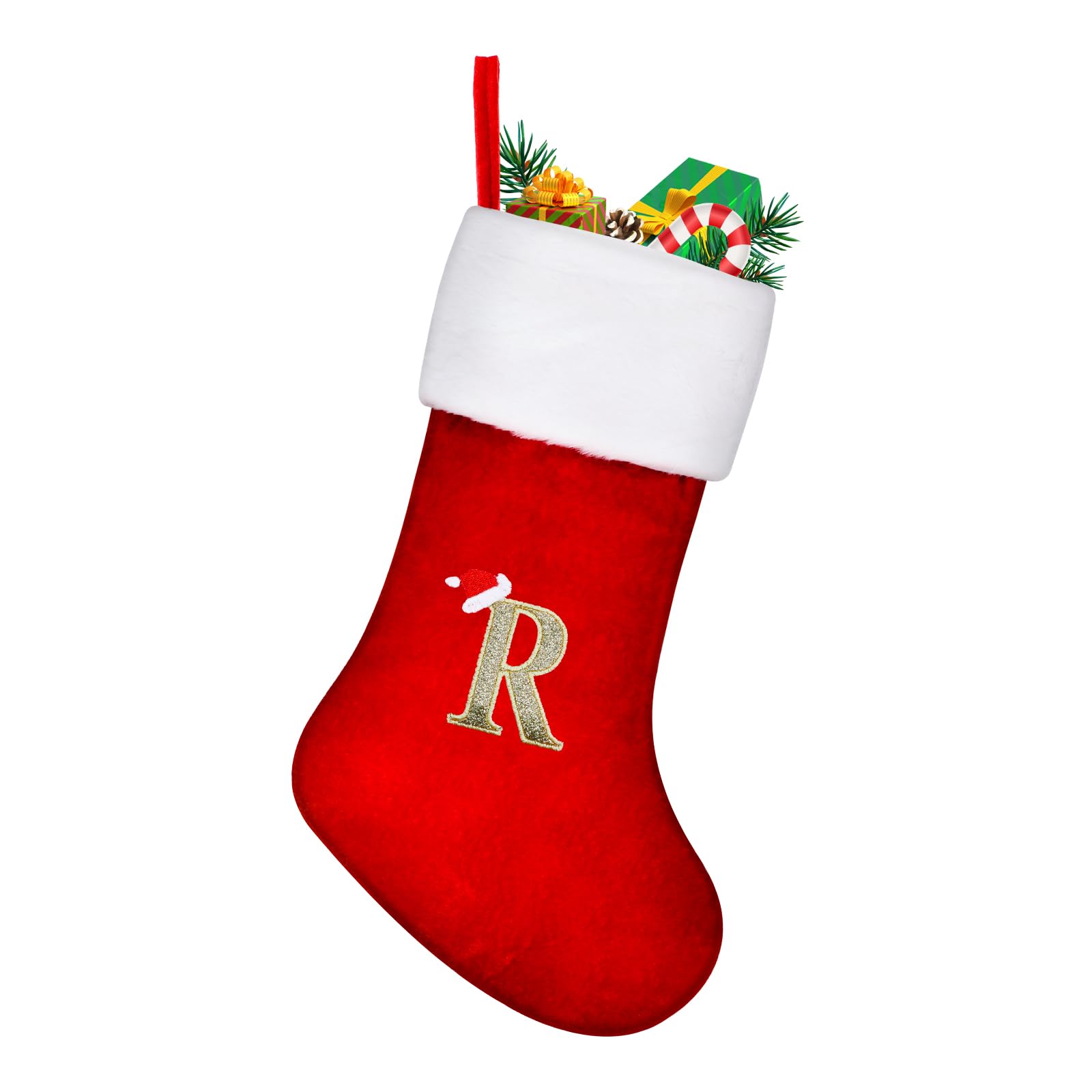TOPWAYS Christmas Stockings, Large Monogram Xmas Personalized Embroidered Stockings with Letters, Red Fireplace Hanging Santa Socks for Christmas Decor Xmas Gift (R)