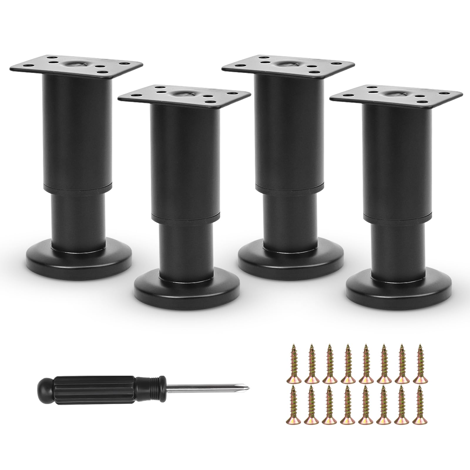 Furniture Adjustable Legs, Metal Bed Support Leg Central Slat Frame Couch Replacement Support Leg Part Heavy Duty Furniture Foot with Screwdriver for Cabinet/Dresser/Table/Sofa 8-12cm (Black 4 Pcs)