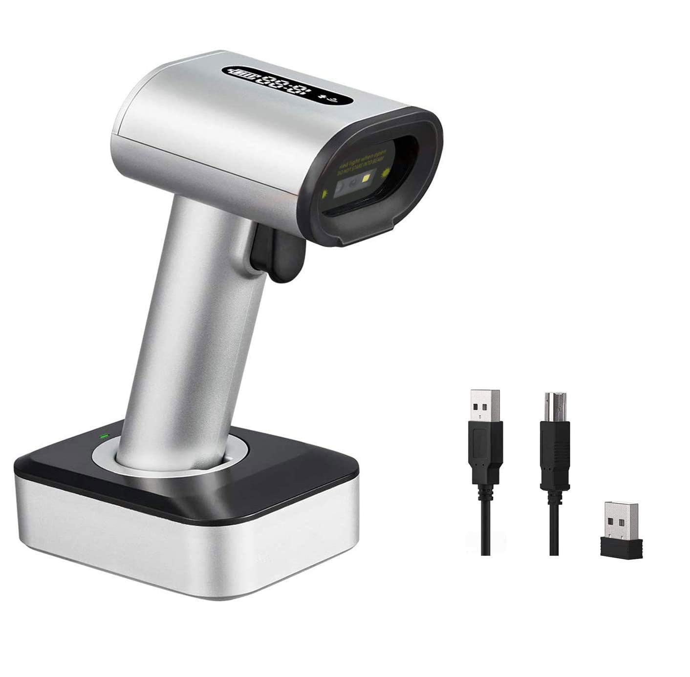Alacrity 2D 1D Wireless Barcode Scanner with Display Screen, Bluetooth/2.4GHz/USB 3 in 1, Datamatrix QR Code PDF417 Handheld Barcode Reader, Able to Read Codes on Sreen, Handsfree with Stand