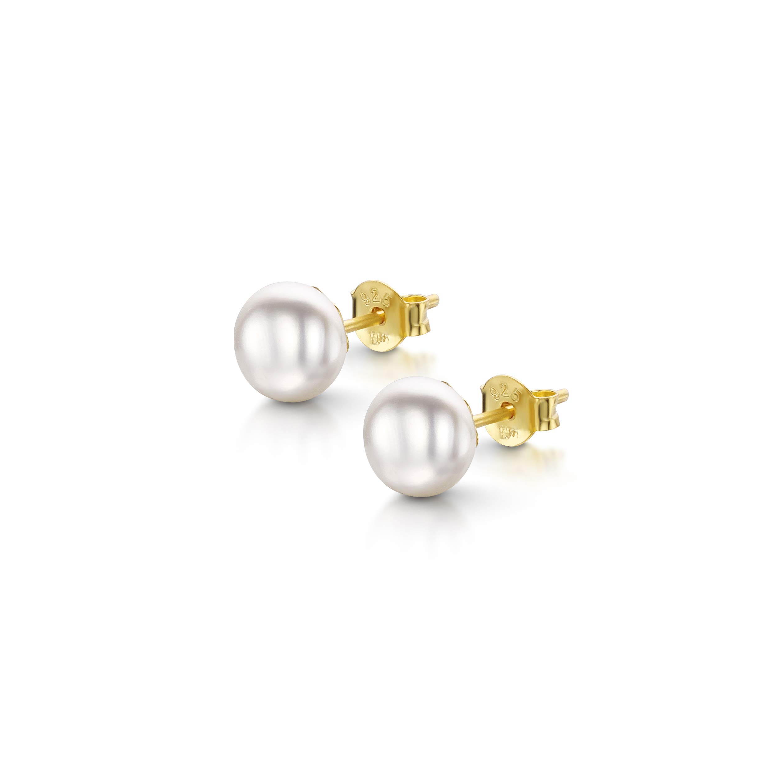 Amberta Women's 925 Sterling Silver Freshwater Pearl Stud Earrings: 6 to 7 mm White Pearl in Gold Plated Sterling Silver