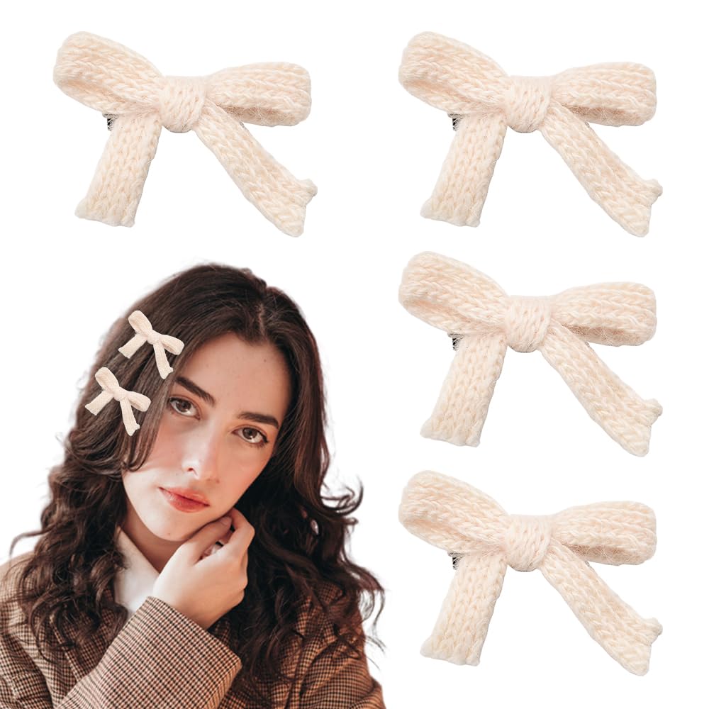 Photo 1 of Small Hair Bow Clips for Women Girls Beige Mini Bowknot Hair Clips 4Pcs Wool Knitted Bow Knot Hair Clip Barrette for Thin Thick Hair Accessories for Women Girls